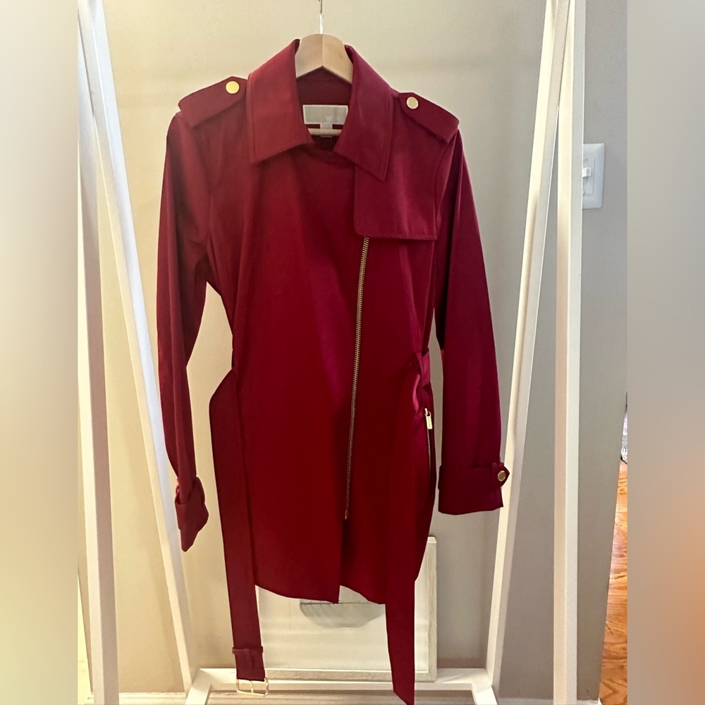 MICHAEL KORS Women's Burgundy Zip-front Belted Trench Jacket Top Medium